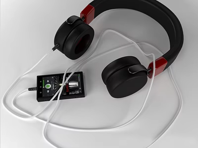Black and Red Over Ear Headphones with White Cable and Audio Player Device 3d model