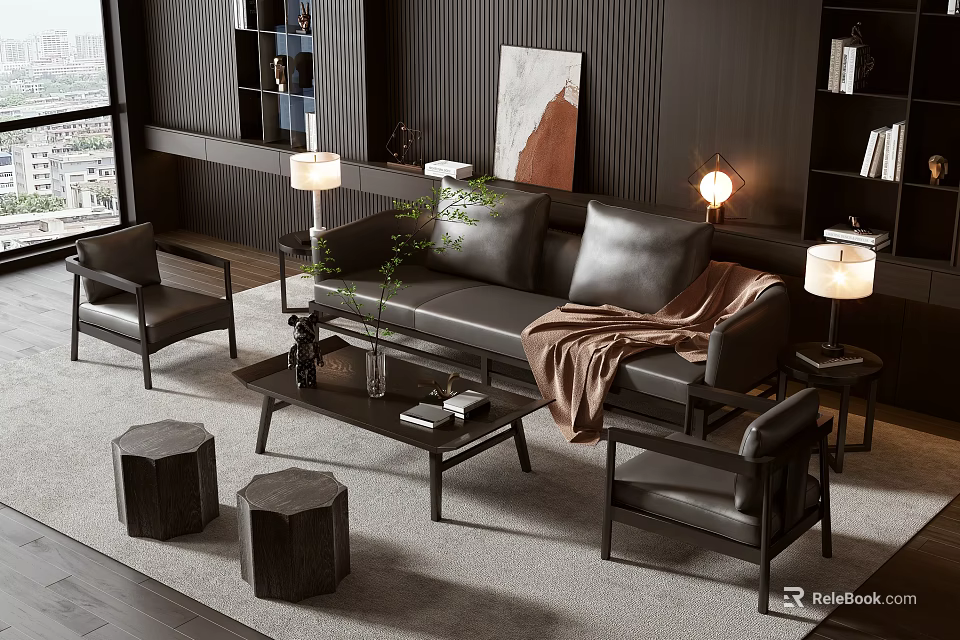 Modern Leather Sofa And Coffee Table Set With Armchairs Green Plants And Side Tables 3d model 