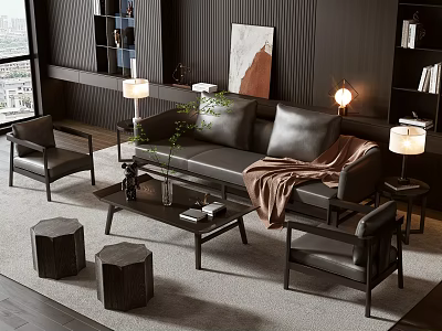 Modern Leather Sofa And Coffee Table Set With Armchairs Green Plants And Side Tables 3d model