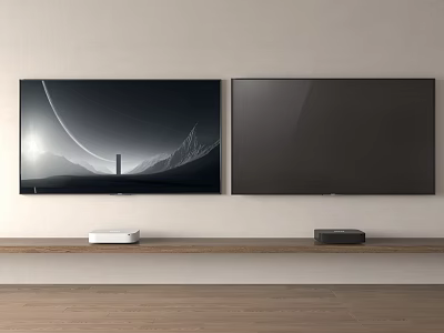 Wall Mounted Two TVs With Wooden Shelf And Devices In Living Room 3d model