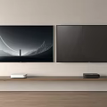 Wall Mounted Two TVs With Wooden Shelf And Devices In Living Room