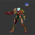 Sci Fi Game and Movie Character in Orange Red Armor Holding Weapon with Floating Sphere