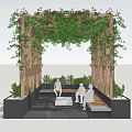 Garden Pergola with Lush Green Vines and Pink Flowers and Wooden Benches for Relaxing People