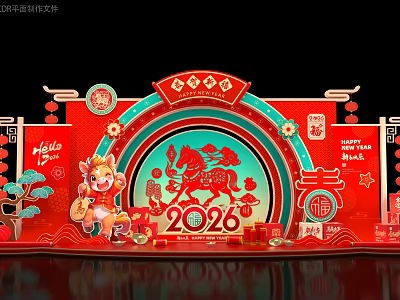 Traditional Chinese Red Art Installation With Rabbit Mascot Horse Pattern Fortune Lanterns Auspicious Clouds 2026 3d model