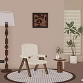 White Leisure Armchair in Cozy Interior with Floor Lamp Decorative Painting Plants and Window Blinds