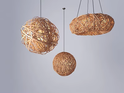 Natural Woven Rattan Chandeliers with Spherical and Oval Shapes Emitting Warm Glow 3d model