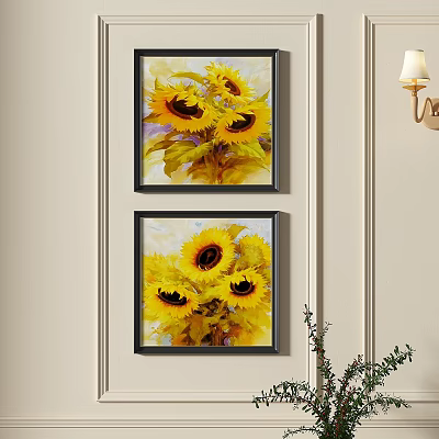 Two Vibrant Sunflower Paintings In Dark Frames On Beige Wall 3d model