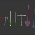 Set of Ancient Weapons Featuring Sword Axe Hammer Pickaxe Shovel with Wooden Handles
