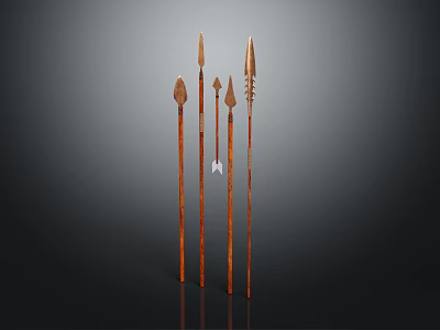 Arrow Weapons With Wooden Shafts And Various Shaped Metal Arrowheads On Reflective Black Background 3d model