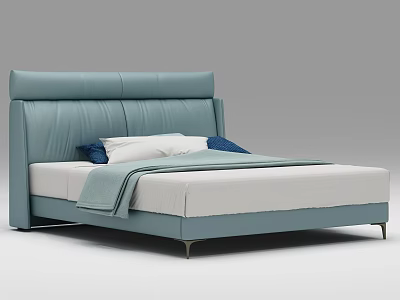 Modern Double Bed With Light Blue Leather Headboard White Sheets And Metal Legs 3d model