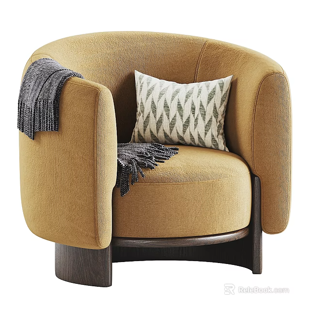Tan Velvet Accent Chair With Curved Armrest Geometric Pillow And Knitted Throw 3d model 