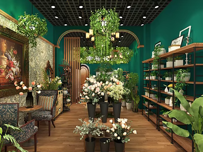 Charming Green Plant and Flower Store Interior With Fresh Flowers Decorative Paintings and Wooden Shelves 3d model