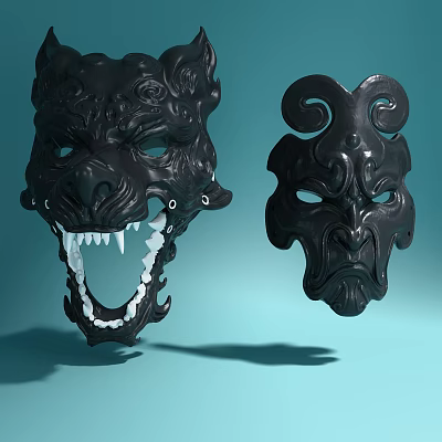 Black Carved Sculptures Masks With Fierce Features Curved Ornaments Smooth Surface Light Blue Background 3d model