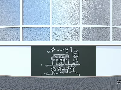 Kindergarten Classroom With Blackboard Displaying Children's Creative Drawings And Windows 3d model
