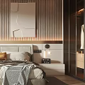 Modern Bedroom Interior With Wooden Slat Wall Large Bed Glass Wardrobe And Soft Lighting