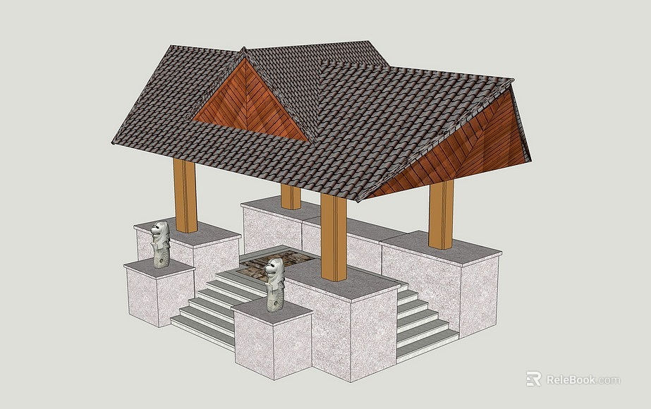 Traditional Style Shower Sauna Architecture With Tiled Roof Wooden Structure And Stone Pillars 3d model 