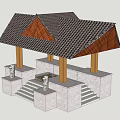 Traditional Style Shower Sauna Architecture With Tiled Roof Wooden Structure And Stone Pillars