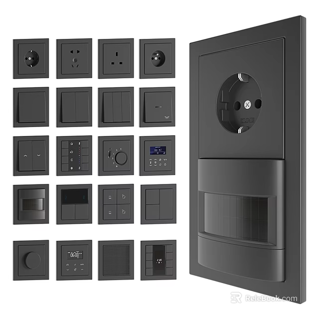 Black Modern Switch Panels with Various Designs Sockets and Digital Display Features 3d model 