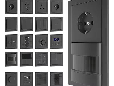 Black Modern Switch Panels with Various Designs Sockets and Digital Display Features 3d model