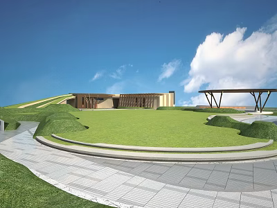 Scenic Park Landscape With Green Lawn Modern Building Walkway Blue Sky And White Clouds 3d model