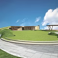 Scenic Park Landscape With Green Lawn Modern Building Walkway Blue Sky And White Clouds