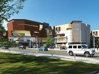 Modern Commercial Complex Exterior With Pedestrians Vehicles And Greenery Along Street 3d model