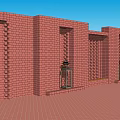 Red Brick Building Exterior Wall With Patterned Grille Windows And Decorative Lanterns 3d model