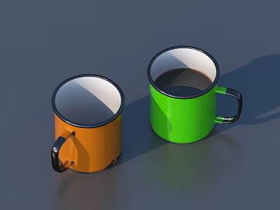 Colorful Tableware Set With Two Orange Green Mugs Black Handles Rim 3d model