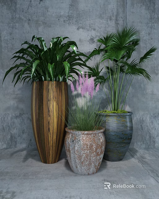 Potted Plants in Wooden Terracotta and Gray Textured Pots with Green Palm and Pink Flowers 3d model 