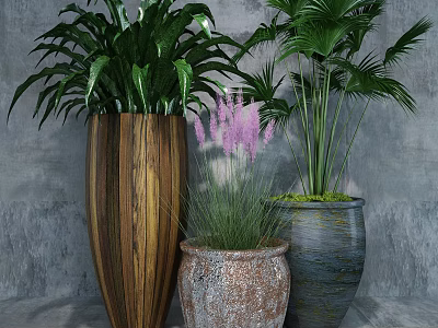 Potted Plants in Wooden Terracotta and Gray Textured Pots with Green Palm and Pink Flowers 3d model