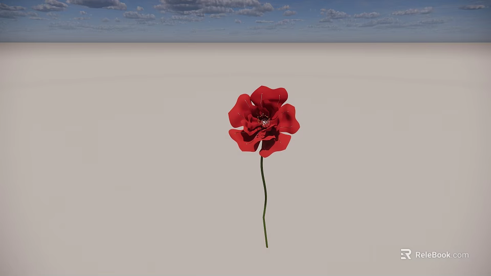 Single Red Poppy Flower Standing In Open Field Under Blue Sky 3d model 