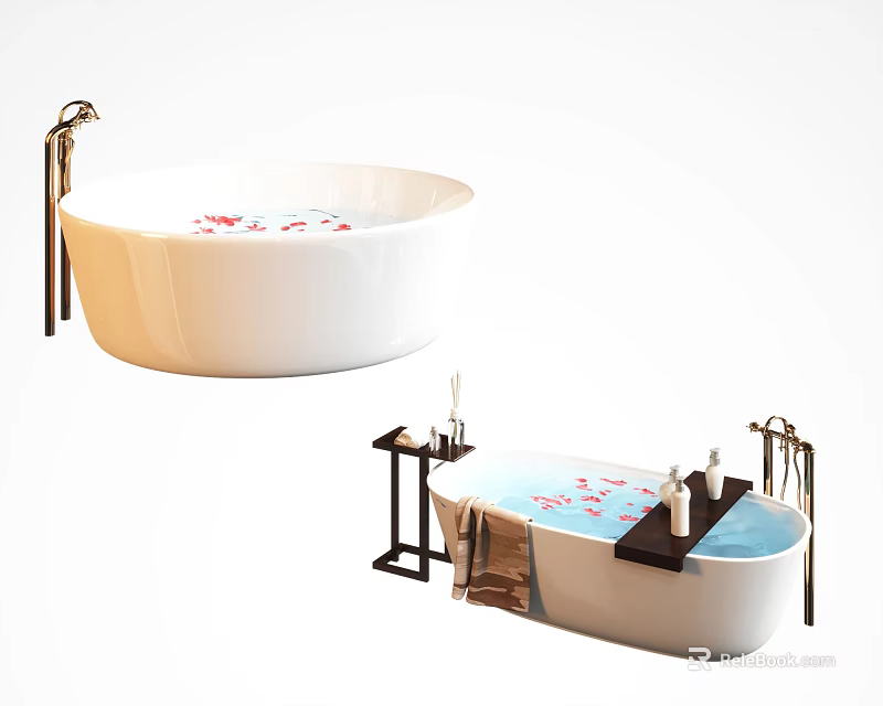 Luxurious Freestanding Bathtub With Floating Petals Faucet And Side Table Holding Towel And Bath Products 3d model 