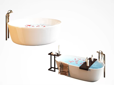 Luxurious Freestanding Bathtub With Floating Petals Faucet And Side Table Holding Towel And Bath Products 3d model