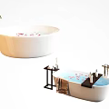 Luxurious Freestanding Bathtub With Floating Petals Faucet And Side Table Holding Towel And Bath Products