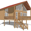 Wooden House With Red Roof Large Windows And Elevated Wooden Deck Stairs