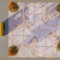 Contemporary Garden Landscape Featuring Geometric Transparent Structures Autumn Trees And Vintage Tram