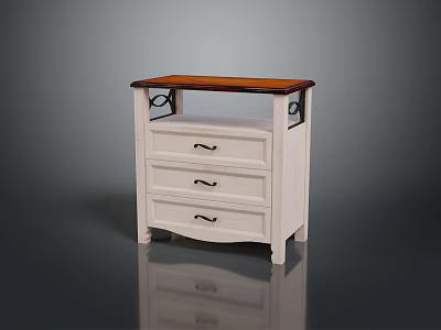 White Nightstand With Three Drawers Wooden Top And Black Metal Accents 3d model
