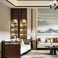 Traditional Chinese Living Room Interior With Chandelier Mountain Landscape Painting Sofa And Lit Shelves