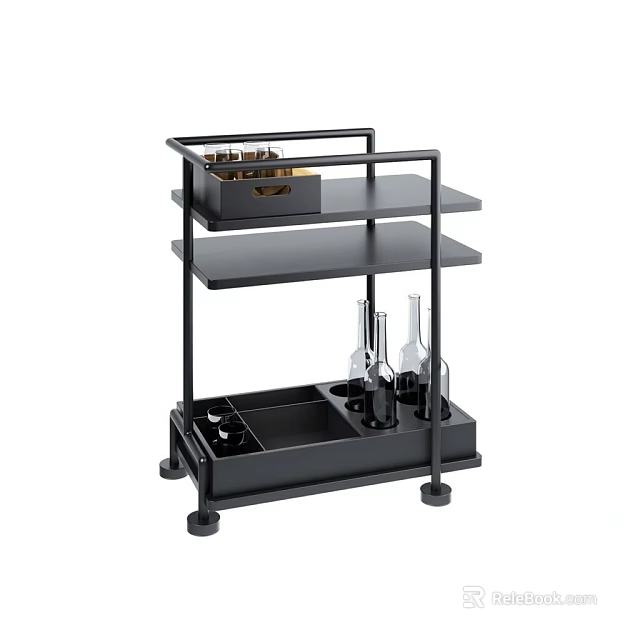 Black Three Tier Serving Cart With Wine Bottle Holder Glasses And Drawer Storage 3d model 