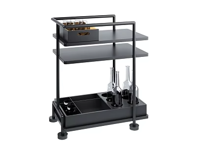 Black Three Tier Serving Cart With Wine Bottle Holder Glasses And Drawer Storage 3d model