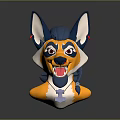 Cartoon Style Yellow And Blue Smiling Wolf Head With Pointed Ears And Red Bell