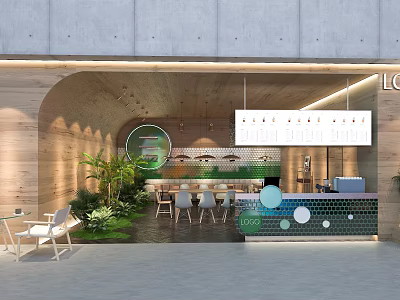 Modern Milk Tea Shop Interior With Wooden Arch Design Green Plants And Round Decor 3d model