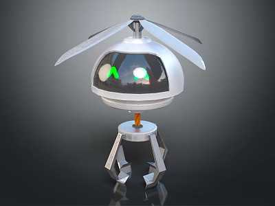 Futuristic Small Robot With Helicopter Propeller Green Eyes And Metal Legs 3d model