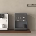 Stylish Water Dispensers in White and Dark Gray on Wooden Shelf Against Beige Wall