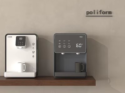 Stylish Water Dispensers in White and Dark Gray on Wooden Shelf Against Beige Wall 3d model