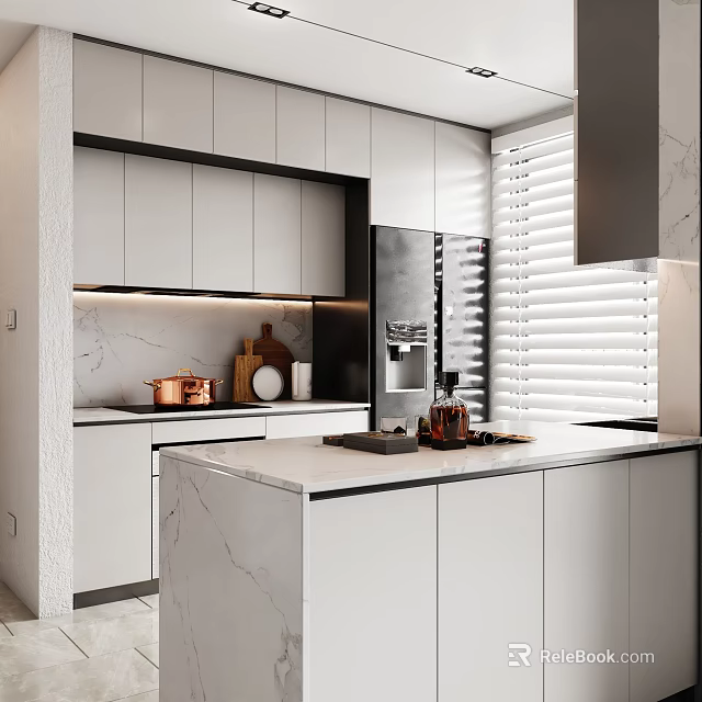 Modern Kitchen Interior Design With White Cabinets Marble Island And Appliances 3d model 