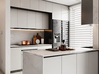Modern Kitchen Interior Design With White Cabinets Marble Island And Appliances 3d model