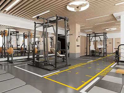 Modern Fitness Gym Interior With Squat Racks Barbells Workout Benches Mirrors And Marked Yellow Floors 3d model