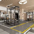 Modern Fitness Gym Interior With Squat Racks Barbells Workout Benches Mirrors And Marked Yellow Floors