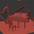 Musical Instruments and Art Supplies Setup with Grand Piano Harp Red Chair and Music Stand